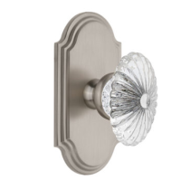 Grandeur Burgundy Crystal Door Knob Set with Arc Short Plate Satin Nickel
