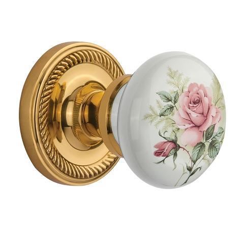 Nostalgic Warehouse Rose Porcelain Knob Privacy Mortise Rope Rose Polished Brass