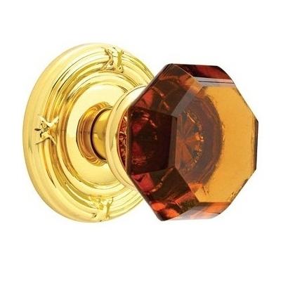 Emtek Old Town Door Knob Amber with Ribbon and Reed Rose Polished Brass (US3)
