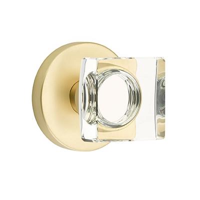 Emtek Bronze Modern Square Crystal Door Knob Set with Disk Rose Satin Brass